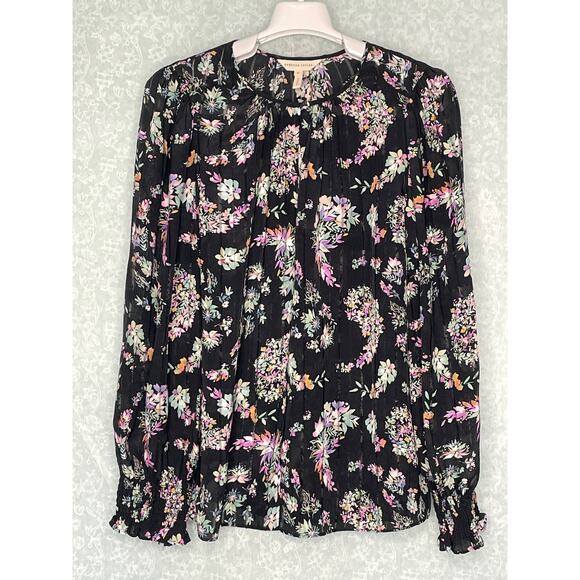 Rebecca Taylor Black Silk Floral Bouquet Keyhole Neck Long Sleeve Top Size 8 - Picture 6 of 11
